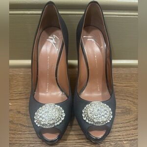 Giuseppe Zanotti Black Satin Embellished Peep-Toe Heels